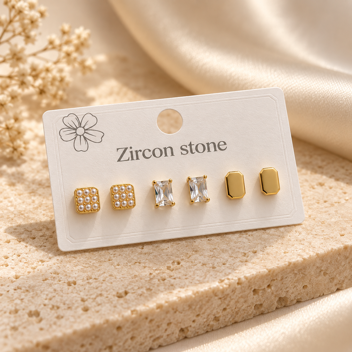 Zircon Stone 3’lü Gold Küpe Seti