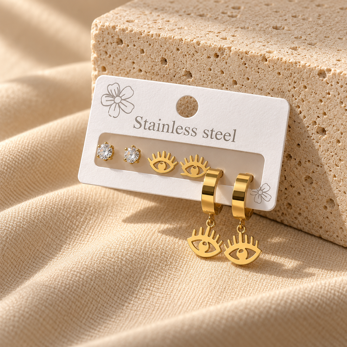 Astreviia EYE Gold – 3’lü Nazar Göz & Taş Detaylı Çelik Küpe Seti