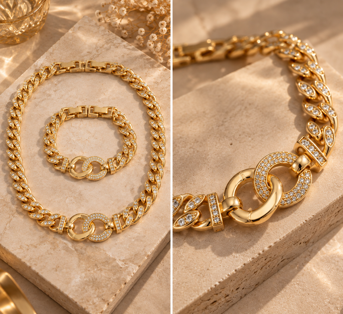 Xuping Crystal Link Gold Kolye & Bileklik Seti – Işıltılı Statement Seri
