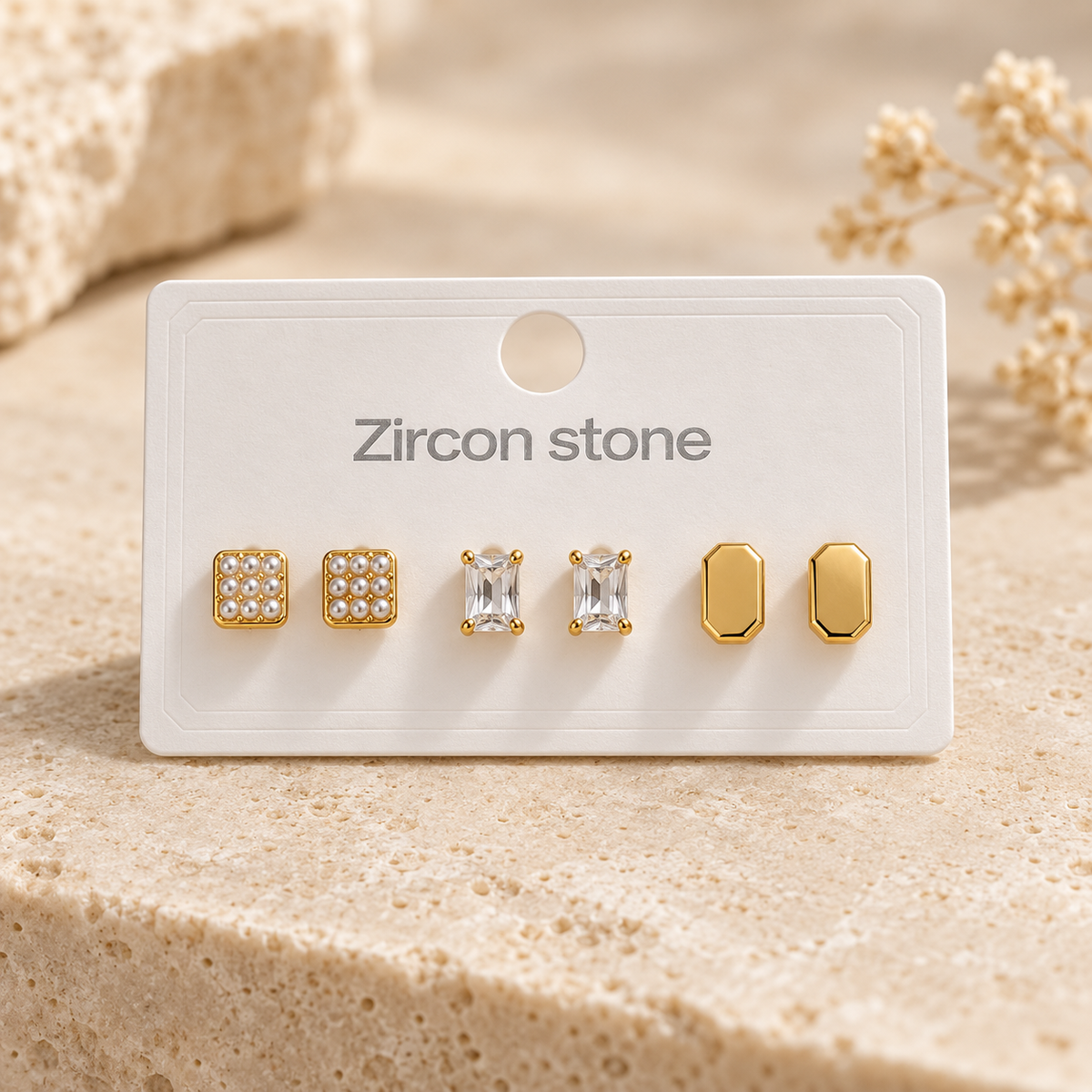 Zircon Stone 3’lü Gold Küpe Seti