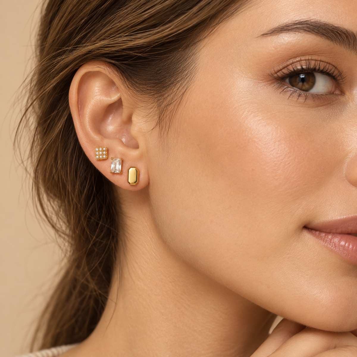 Zircon Stone 3’lü Gold Küpe Seti