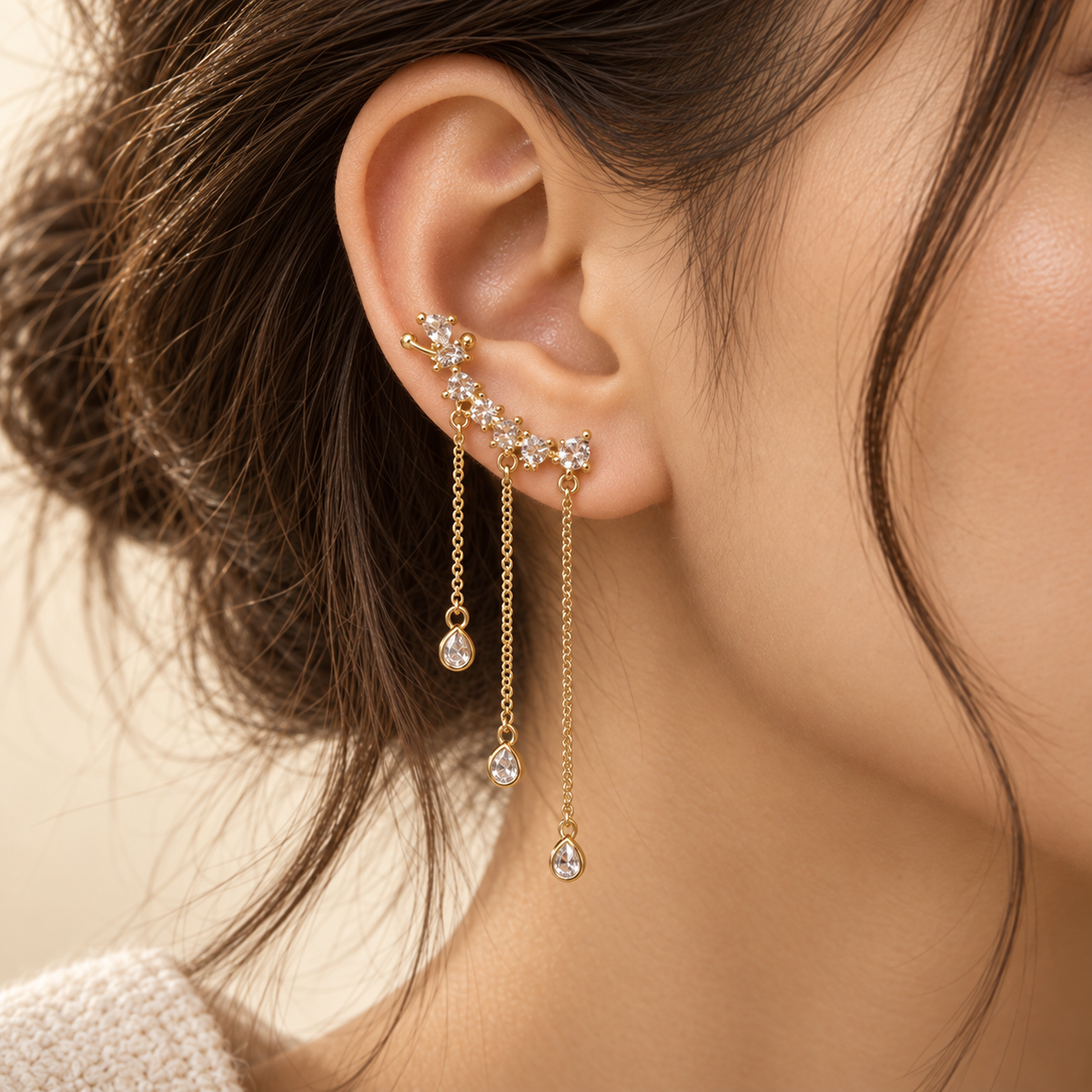Celestia Gold Zirkon Taşlı Zincir Ear Cuff Küpe