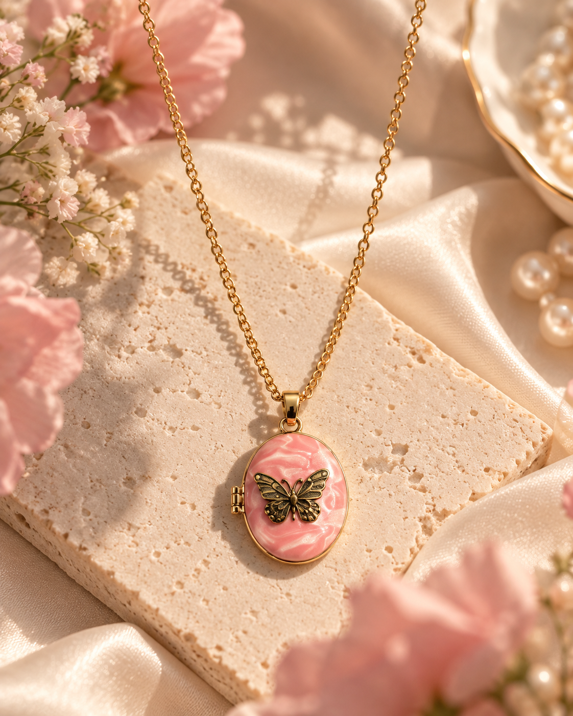 Pembe Kelebek Madalyon Kolye – Zarif & Vintage Dokunuş